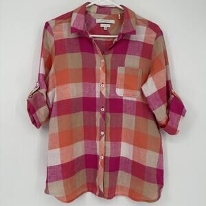 Foxcroft Button Up Shirt Womens 10P Petite Pink Orange Plaid Linen Top Roll Tab